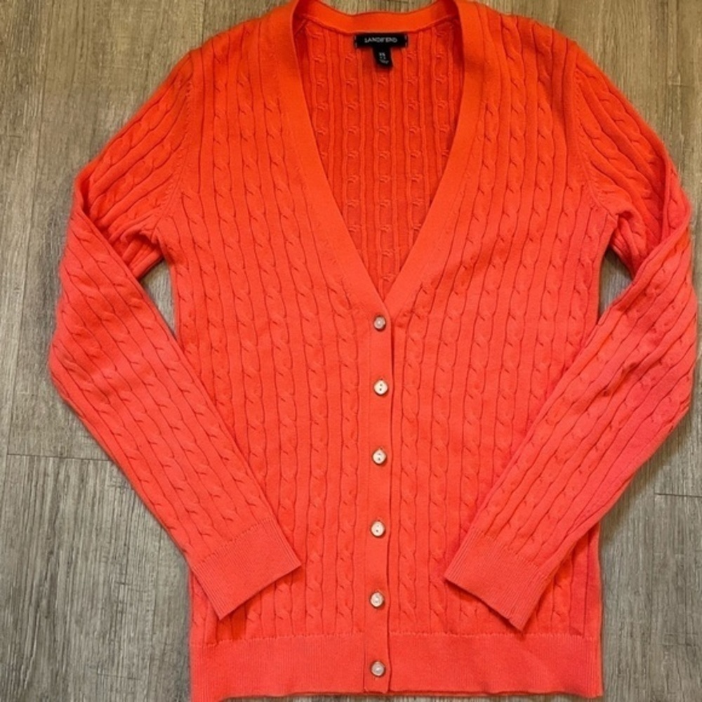 Land’s End XS Cable Knit Sweater V-Neck Coral Orange Orange Melon Like New - Picture 14 of 14
